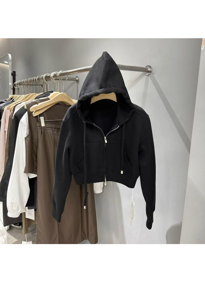 Trendy Hooded Zip-Up Cropped Sweatshirt Black