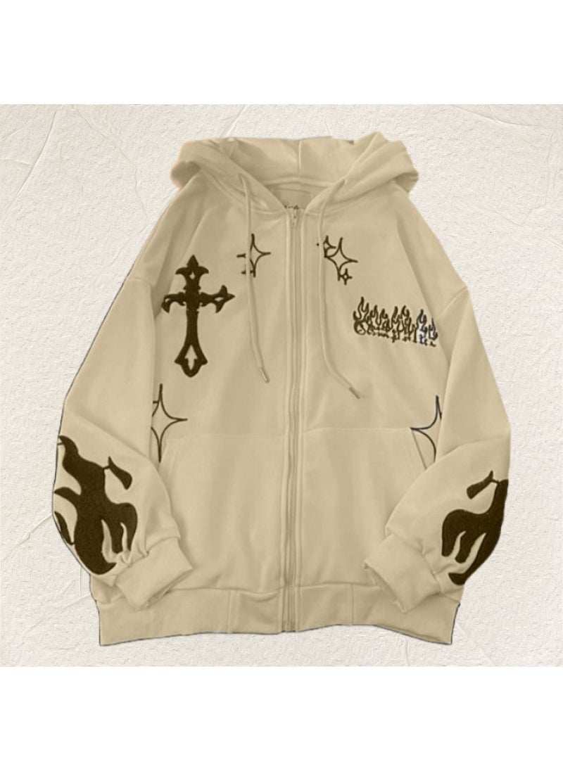 2023 Embroidered Cross Hoodie Fleece Lovers Casual Sweatshirt Apricot