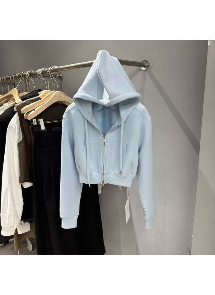 Trendy Hooded Zip-Up Cropped Sweatshirt Blue