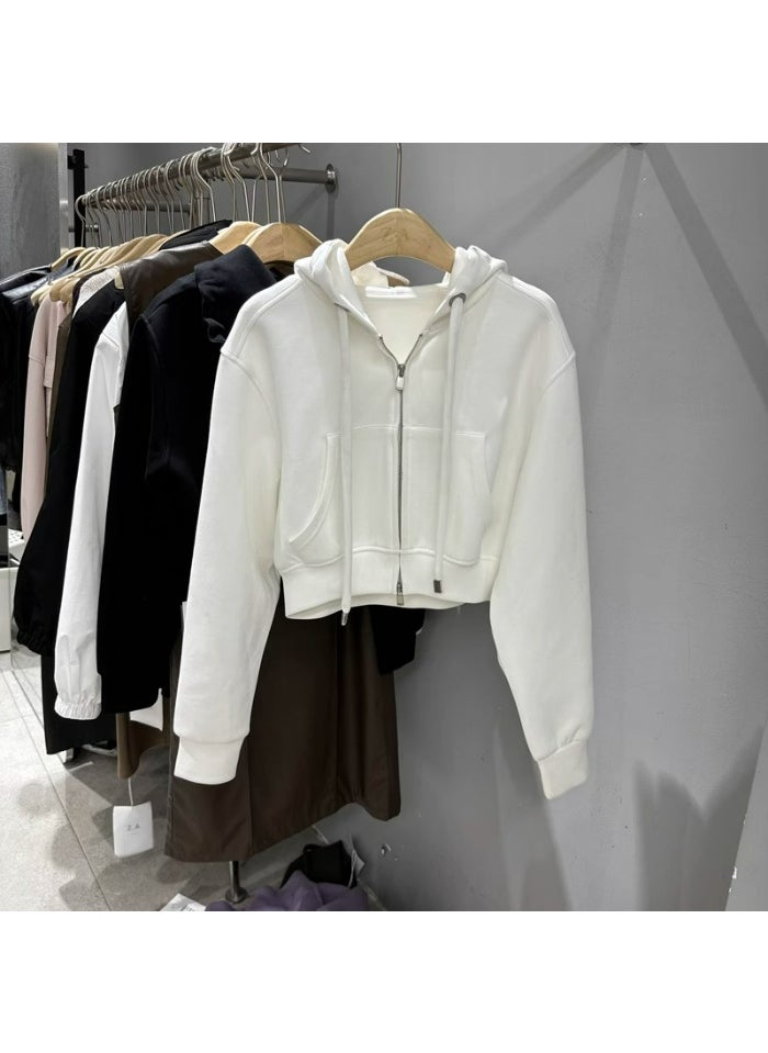 Trendy Hooded Zip-Up Cropped Sweatshirt White