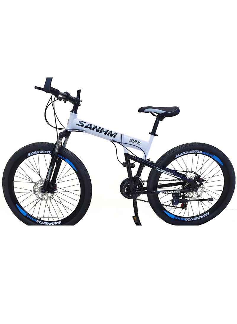 Folding Bike 24 Inch Carbon Steel Frame 21 Speed Front Suspension Spoke Wheel Dual Disc Brake White