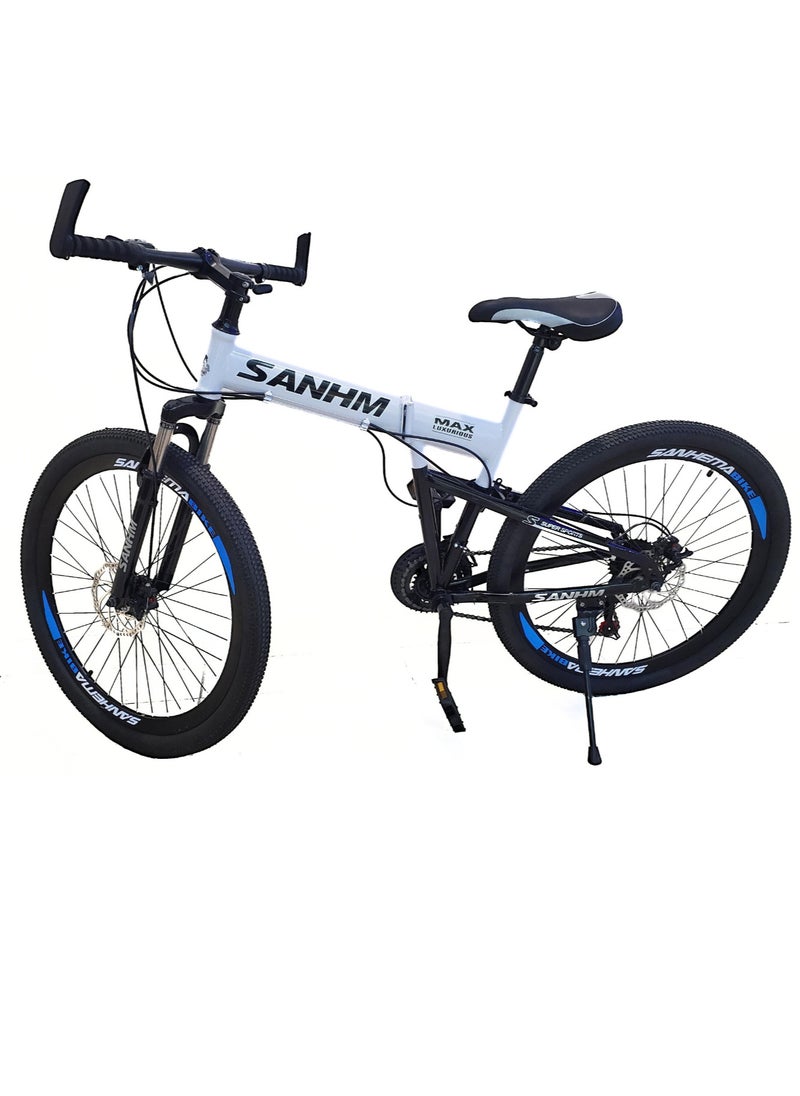 Folding Bike 24 Inch Carbon Steel Frame 21 Speed Front Suspension Spoke Wheel Dual Disc Brake White