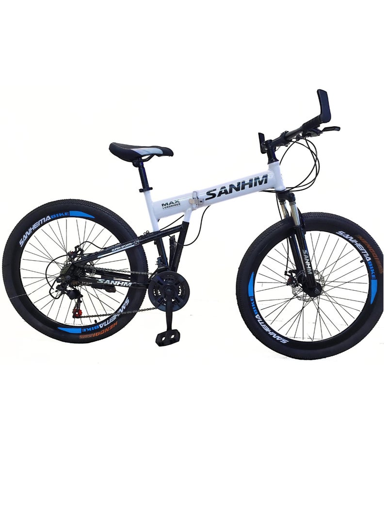 Folding Bike 24 Inch Carbon Steel Frame 21 Speed Front Suspension Spoke Wheel Dual Disc Brake White