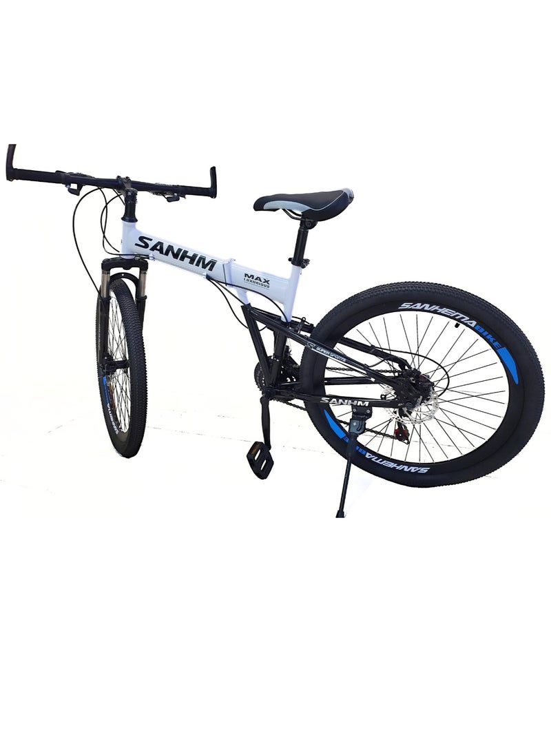 Folding Bike 24 Inch Carbon Steel Frame 21 Speed Front Suspension Spoke Wheel Dual Disc Brake White