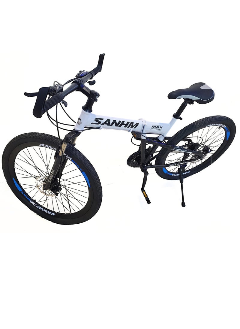 Folding Bike 24 Inch Carbon Steel Frame 21 Speed Front Suspension Spoke Wheel Dual Disc Brake White