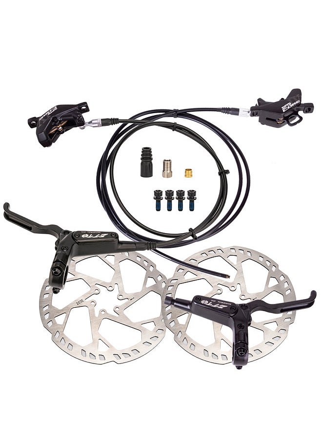 4-Piston MTB Hydraulic Brake Caliper Set, with 203mm Disc Rotors Front and Rear, Hydraulic Disc Brake Kit