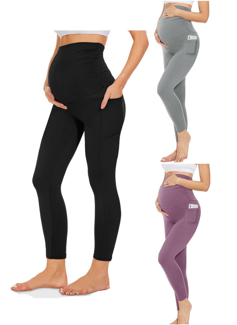 3 Pack Maternity Leggings，Workout Activewear Yoga Pregnancy Pants over the Belly Buttery Soft