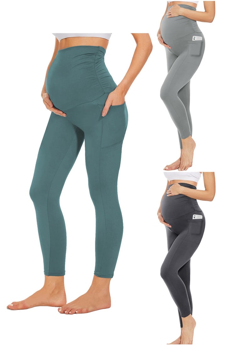 3 Pack Maternity Leggings，Workout Activewear Yoga Pregnancy Pants over the Belly Buttery Soft