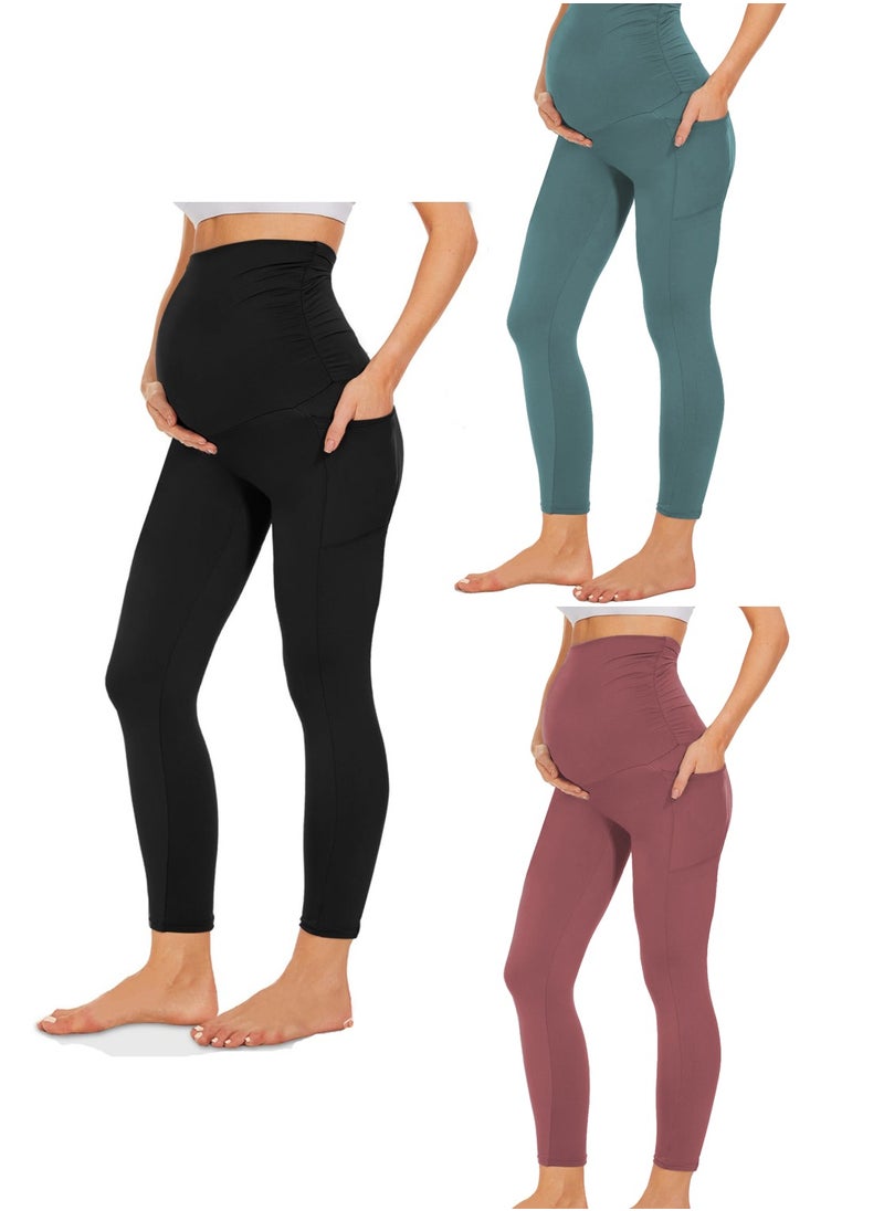 3 Pack Maternity Leggings，Workout Activewear Yoga Pregnancy Pants over the Belly Buttery Soft