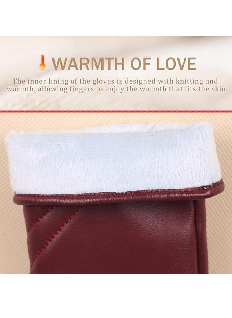 Winter Leather Gloves for Women, Warm Touchscreen Driving Coral velvet lining Gloves