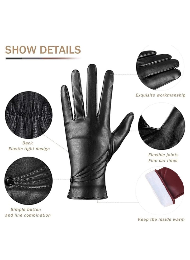 Winter Leather Gloves for Women, Warm Touchscreen Driving Coral velvet lining Gloves