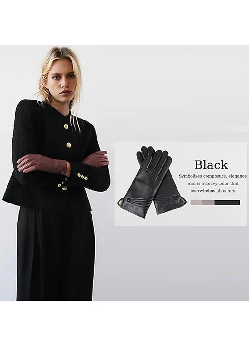 Winter Leather Gloves for Women, Warm Touchscreen Driving Coral velvet lining Gloves