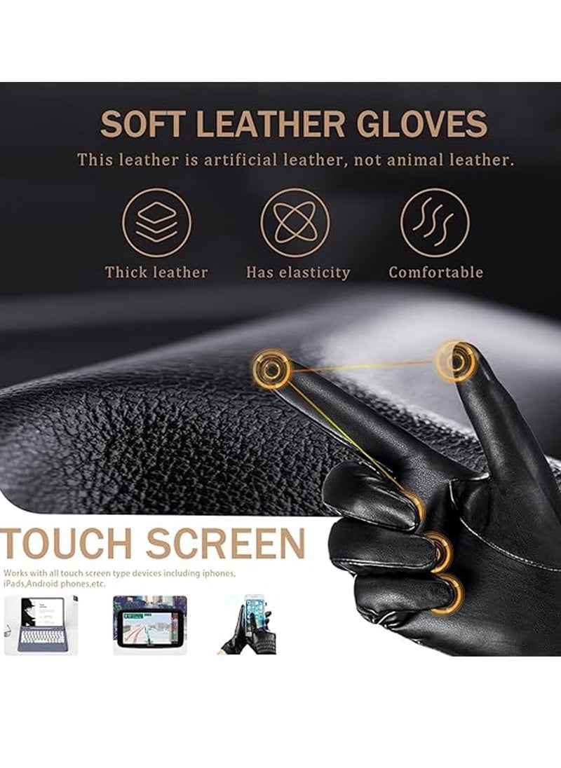 Winter Leather Gloves for Women, Warm Touchscreen Driving Coral velvet lining Gloves