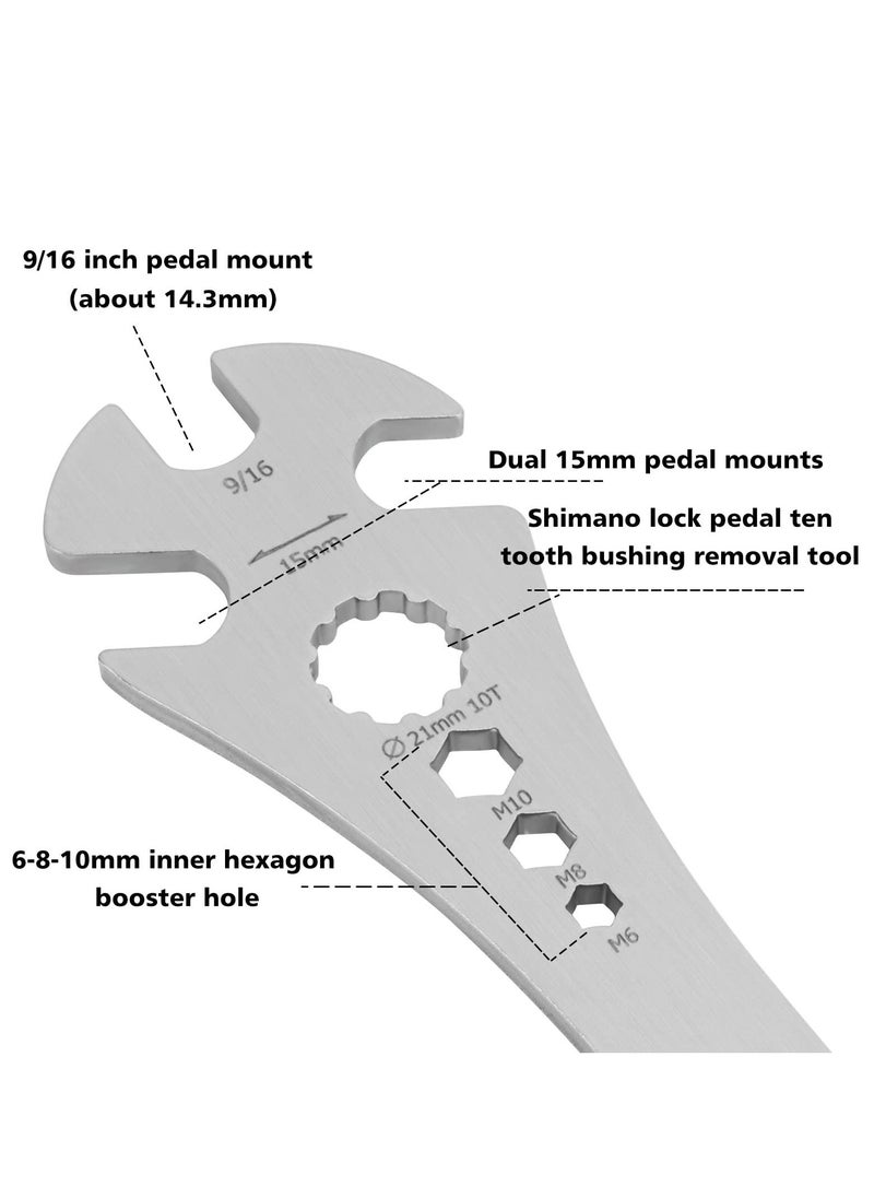 Bike Pedal Wrench, Bicycle Pedal Removal Tool with Extra Long Handle for Efficient Repair of Road and Mountain Bikes, Multi-use 15mm,9/16 Pedal Removal Tool and 10mm/8mm/6mm Hexagon Hole