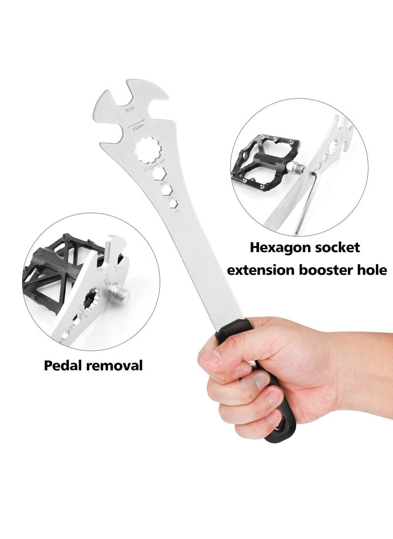 Bike Pedal Wrench, Bicycle Pedal Removal Tool with Extra Long Handle for Efficient Repair of Road and Mountain Bikes, Multi-use 15mm,9/16 Pedal Removal Tool and 10mm/8mm/6mm Hexagon Hole