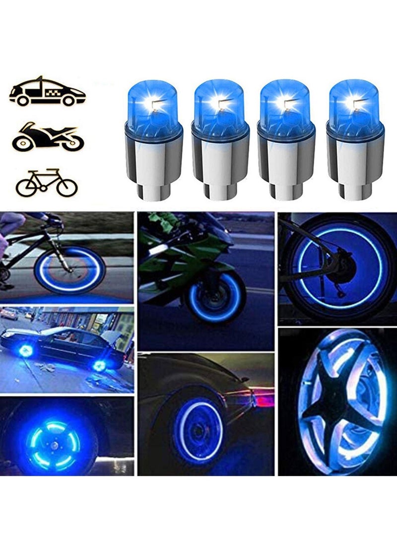 Bicycle Wheel Light, Blue LED Tire Valve Stem Neon Light Bulb Waterproof Tire Light Valve Light Spoke Flash for Cars, Motorcycles, Bicycles and Other Valve Cover Accessories (4 Pieces)