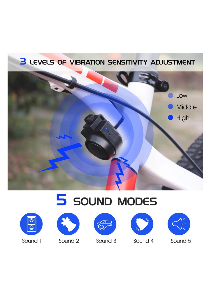 Bike Horn, 115dB Loud Bicycle Anti-Theft Horn, IPX5 Bicycle Alarm Bell, with 5 Sound Modes 3 Vibration Sensitivity Adjustment 3 Volume Adjustment, Rechargeable Battery, IPX5 Waterproof