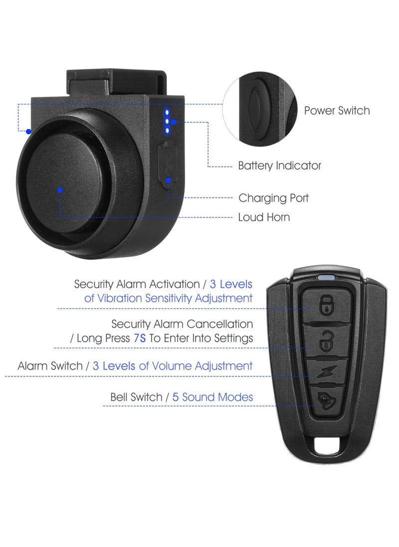 Bike Horn, 115dB Loud Bicycle Anti-Theft Horn, IPX5 Bicycle Alarm Bell, with 5 Sound Modes 3 Vibration Sensitivity Adjustment 3 Volume Adjustment, Rechargeable Battery, IPX5 Waterproof