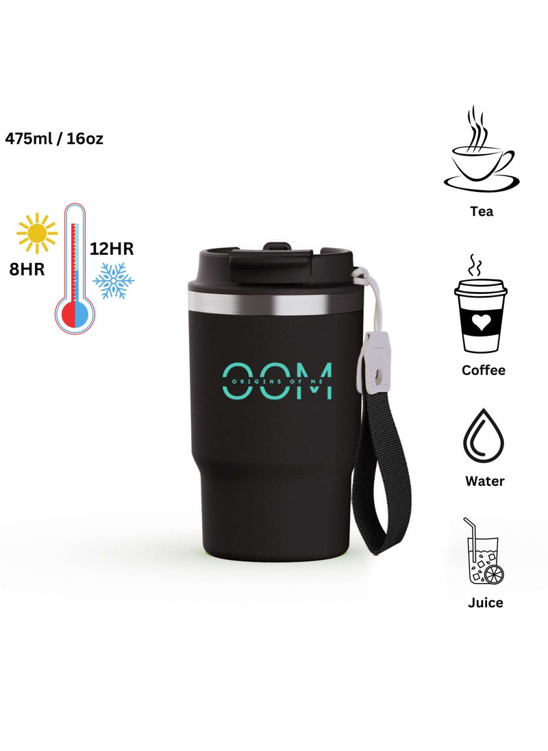 OOM 475ml /16oz Black Travel Coffee Mug, Double Walled Stainless Steel Vacuum Tumbler with Multifunctional Lid-Spout & Straw Option, Leak Proof, Thermos, 8Hr Hot &12Hr Cold