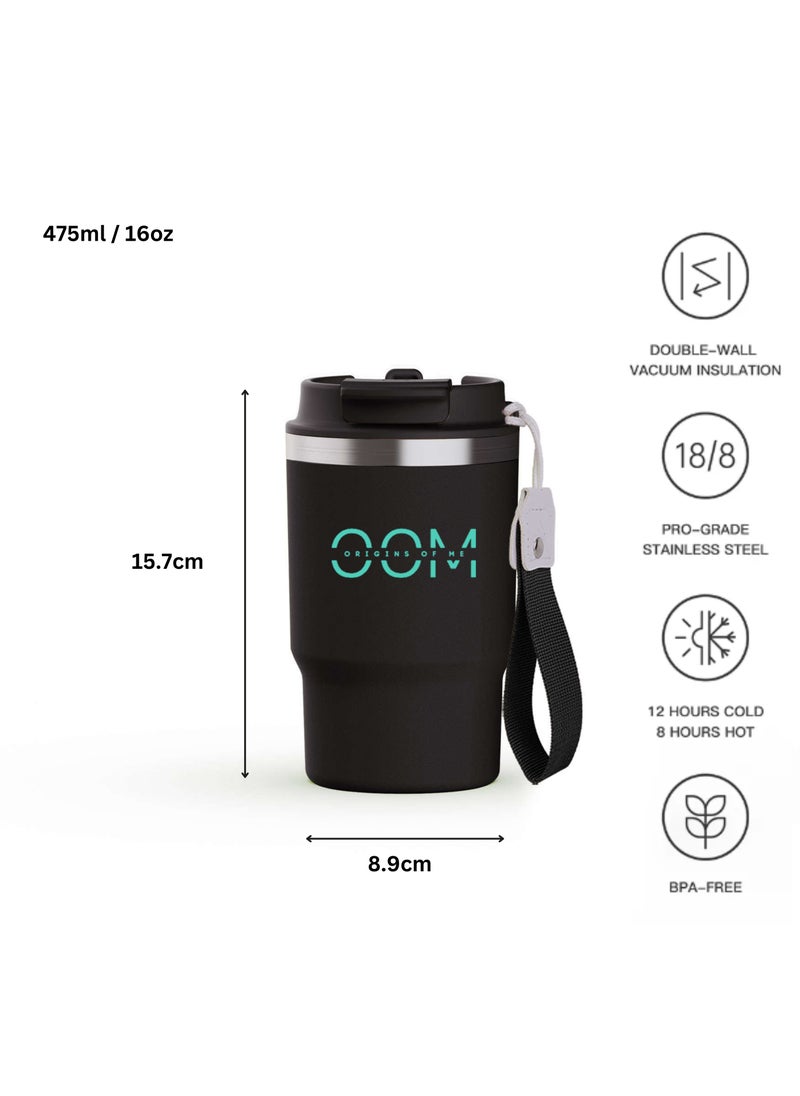 OOM 475ml /16oz Black Travel Coffee Mug, Double Walled Stainless Steel Vacuum Tumbler with Multifunctional Lid-Spout & Straw Option, Leak Proof, Thermos, 8Hr Hot &12Hr Cold