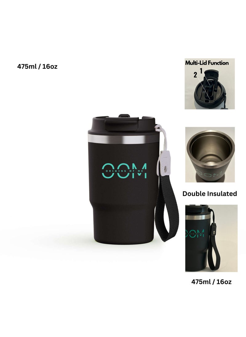 OOM 475ml /16oz Black Travel Coffee Mug, Double Walled Stainless Steel Vacuum Tumbler with Multifunctional Lid-Spout & Straw Option, Leak Proof, Thermos, 8Hr Hot &12Hr Cold