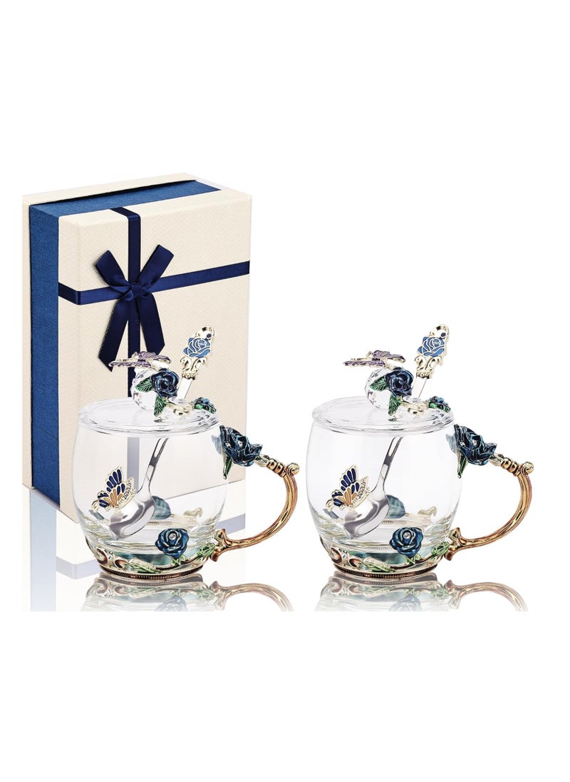 Butterfly Flower Glass Coffee Mug Set with Spoons and Lids, Set of 2 - Blue Gift Box for Wife, Mum, Grandmother, Girlfriend