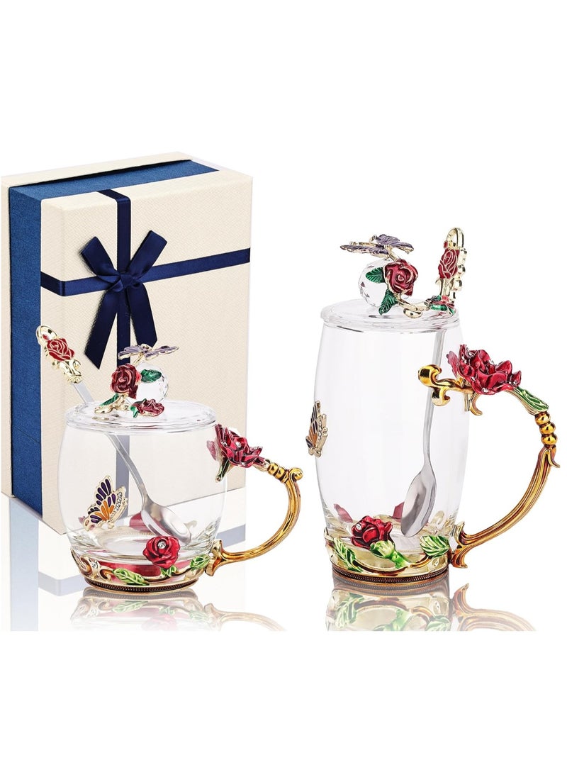 Butterfly Flower Glass Coffee Mug Set with Spoons and Lids, Set of 2 - Gift Box for Wife, Mum, Grandmother, Girlfriend, Sisters