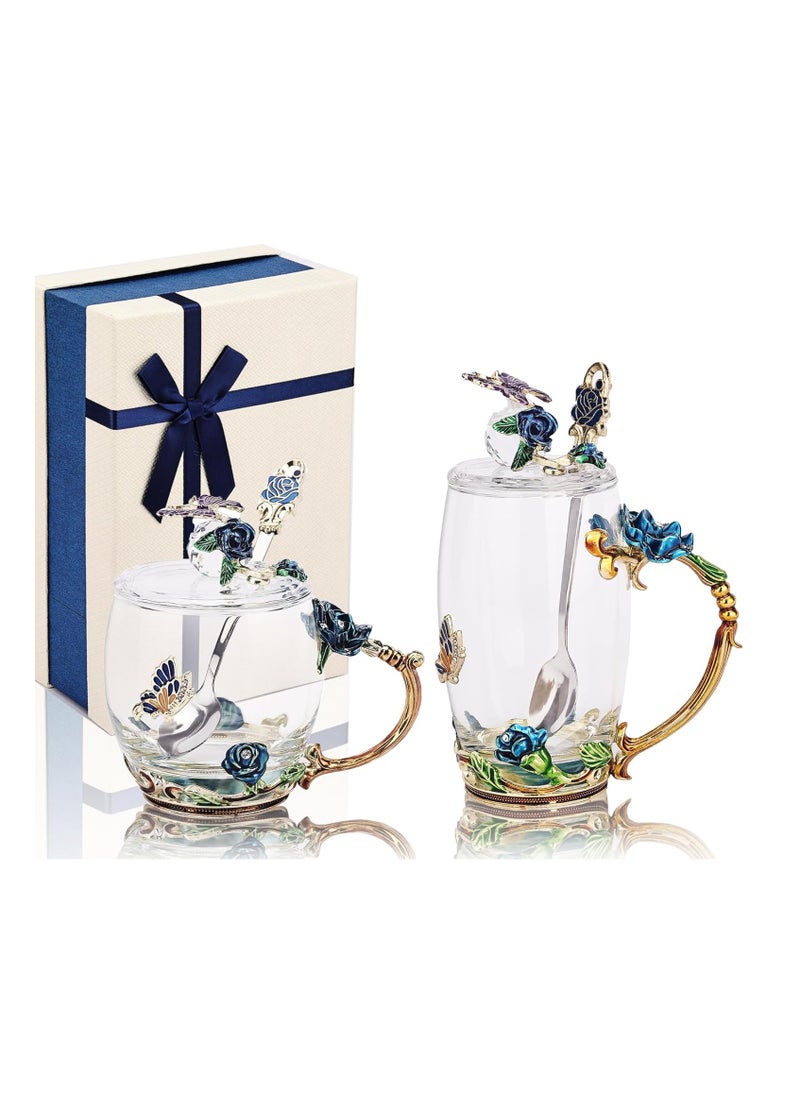 Butterfly Flower Glass Coffee Mug Set with Spoons and Lids - Blue, Set of 2 - Ideal Gift for Wife, Mum, Grandmother