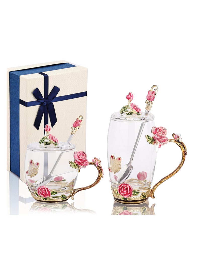 Butterfly Flower Glass Coffee Mug Set with Spoons and Lids - Pink, Set of 2 - Perfect Gift for Wife, Mum, Grandmother