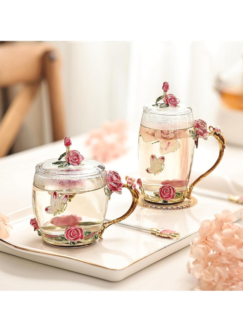 Butterfly Flower Glass Coffee Mug Set with Spoons and Lids - Pink, Set of 2 - Perfect Gift for Wife, Mum, Grandmother