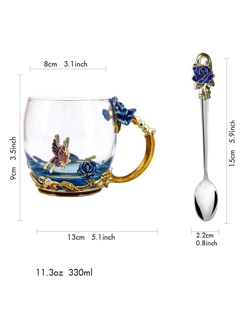 Butterfly Rose Enamel Glass Mug with Spoon – Elegant Tea & Coffee Mug for Women, Mom, Grandma, Sister, and More