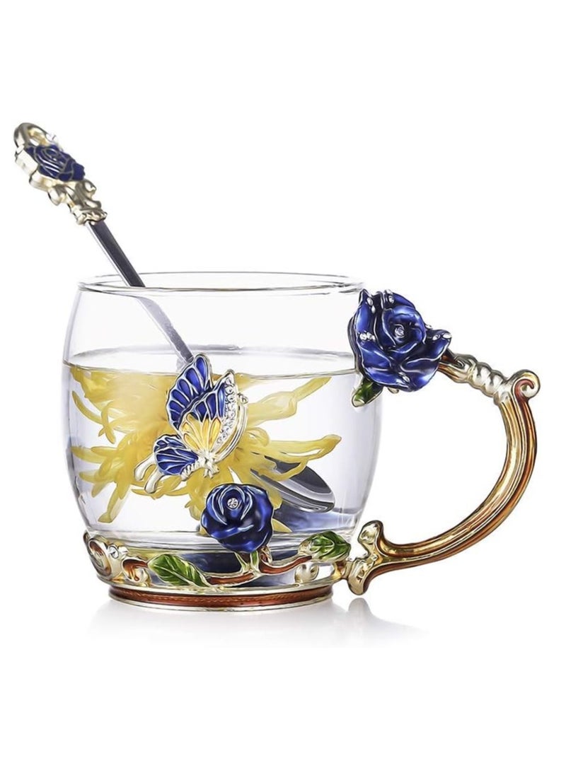 Butterfly Rose Enamel Glass Mug with Spoon – Elegant Tea & Coffee Mug for Women, Mom, Grandma, Sister, and More