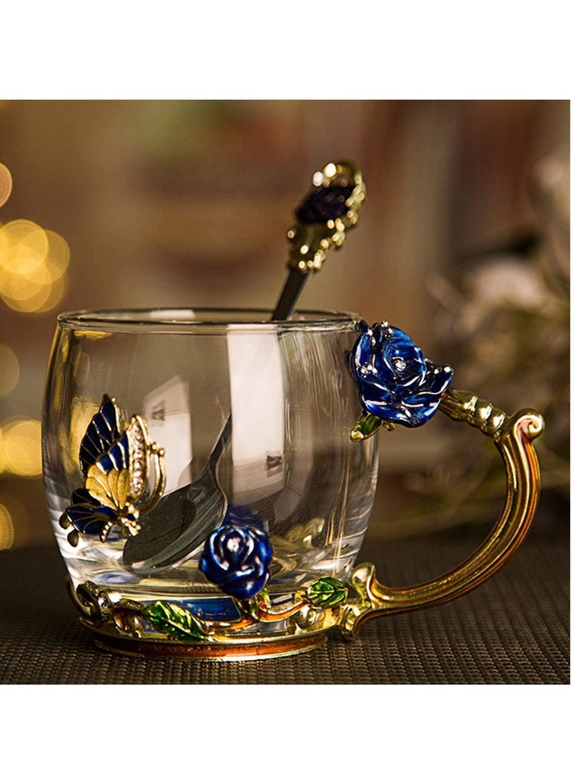 Butterfly Rose Enamel Glass Mug with Spoon – Elegant Tea & Coffee Mug for Women, Mom, Grandma, Sister, and More