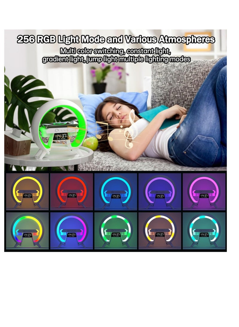 Atmosphere Lamp, with 15W Wireless Charger LED Alarm Clock Smart Table Lamp, with Bluetooth Speaker & Iridescent Running Lights, Atmosphere Light for Adults Kids Office Bedroom Gift