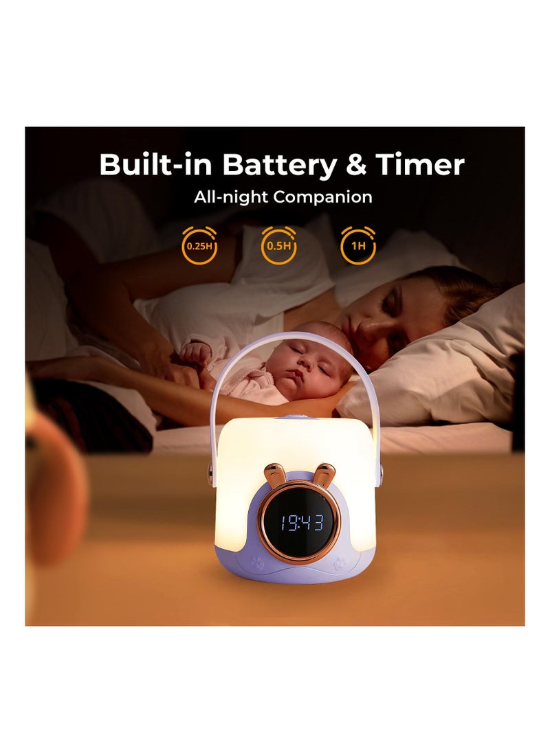 Portable Kids Night Light and Clock for Nursery and Camping Purple LED Lamp Ideal for Babies and Children Gifts