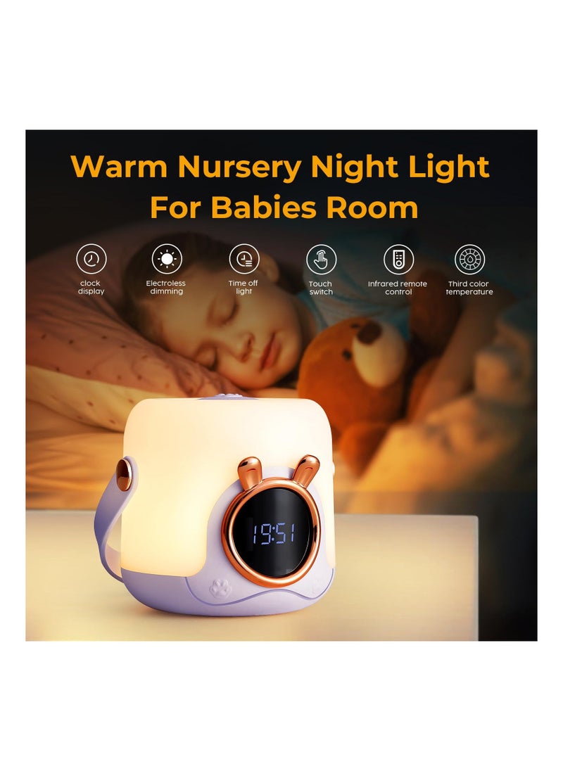 Portable Kids Night Light and Clock for Nursery and Camping Purple LED Lamp Ideal for Babies and Children Gifts