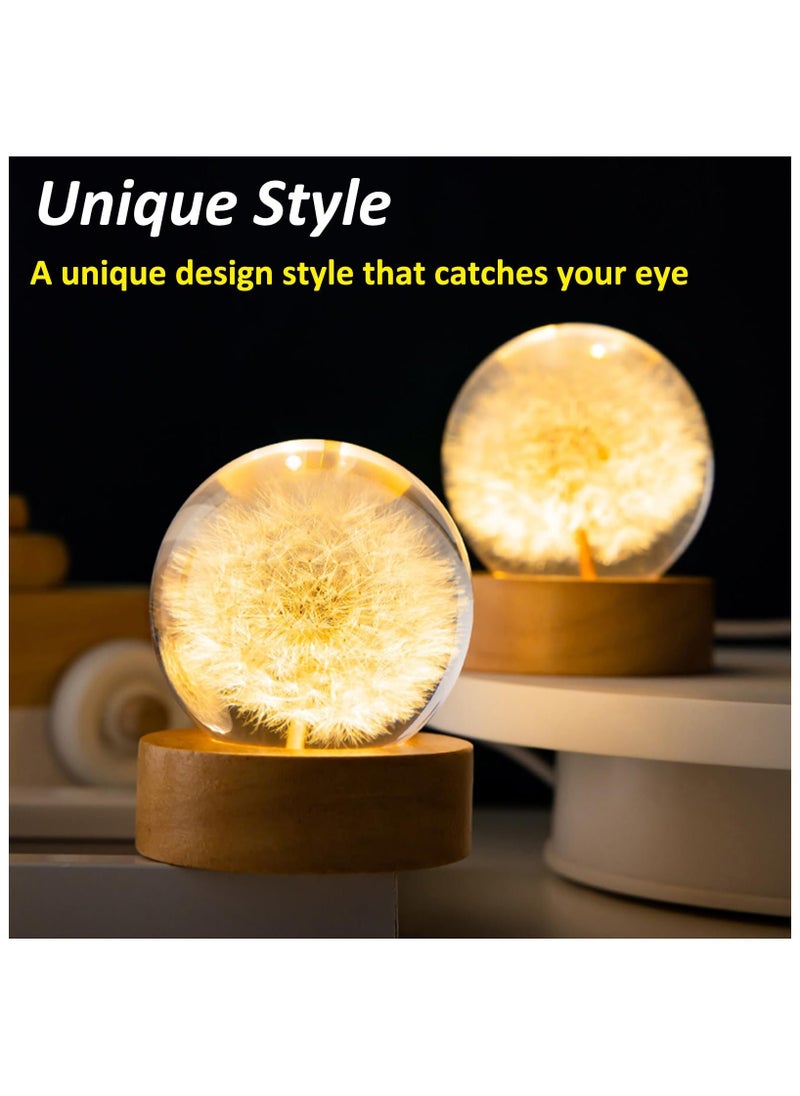 Flower Crystal Ball Night Light, Preserved Flower LED Light 2.4inch Dandelion Glass Ball Lamp with Wooden Base, Ambient Lights Decorations Gifts for Lover, Men, Women, Boys, Girls - Dandelion