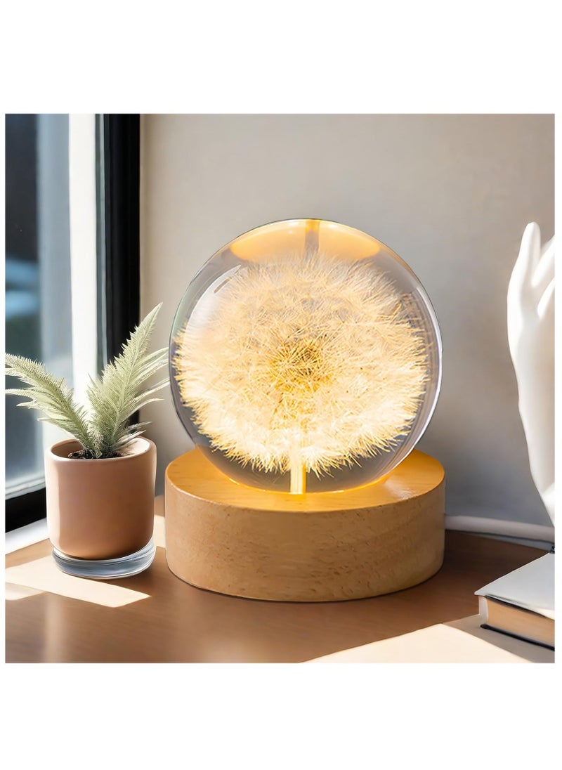 Flower Crystal Ball Night Light, Preserved Flower LED Light 2.4inch Dandelion Glass Ball Lamp with Wooden Base, Ambient Lights Decorations Gifts for Lover, Men, Women, Boys, Girls - Dandelion