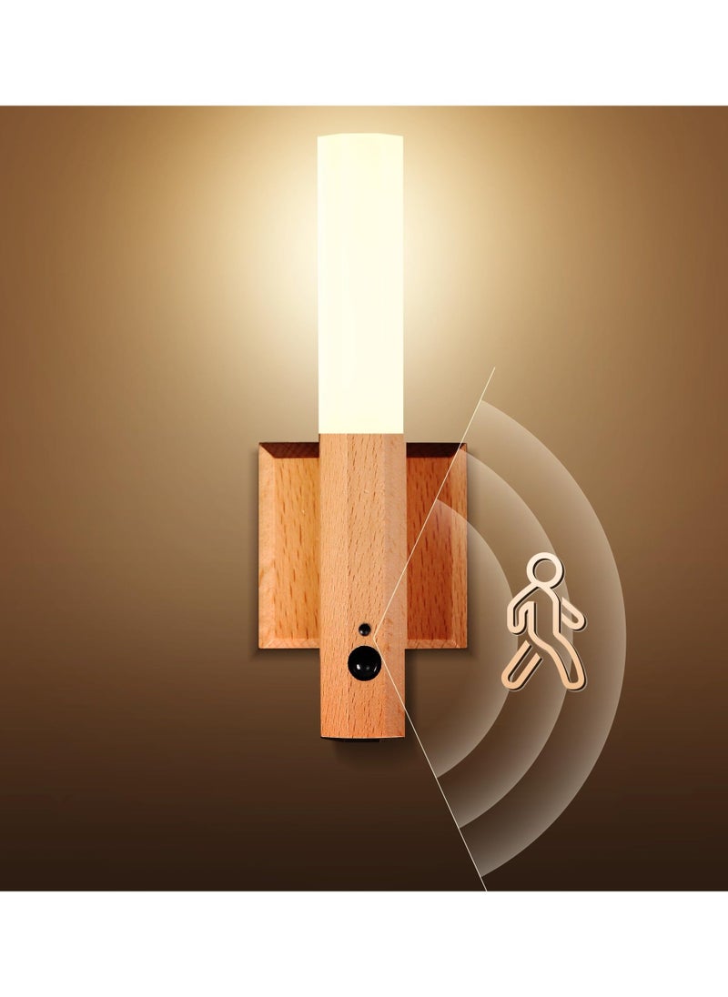 Motion Sensor Light Indoor, Stick on Motion Wall Light Wooden Wall Sconce Wooden LED Wall Sconce Indoor Rechargeable Wooden Wall Light for Hallway, Stair, Closet, Shelf, Bathroom, Kitchen