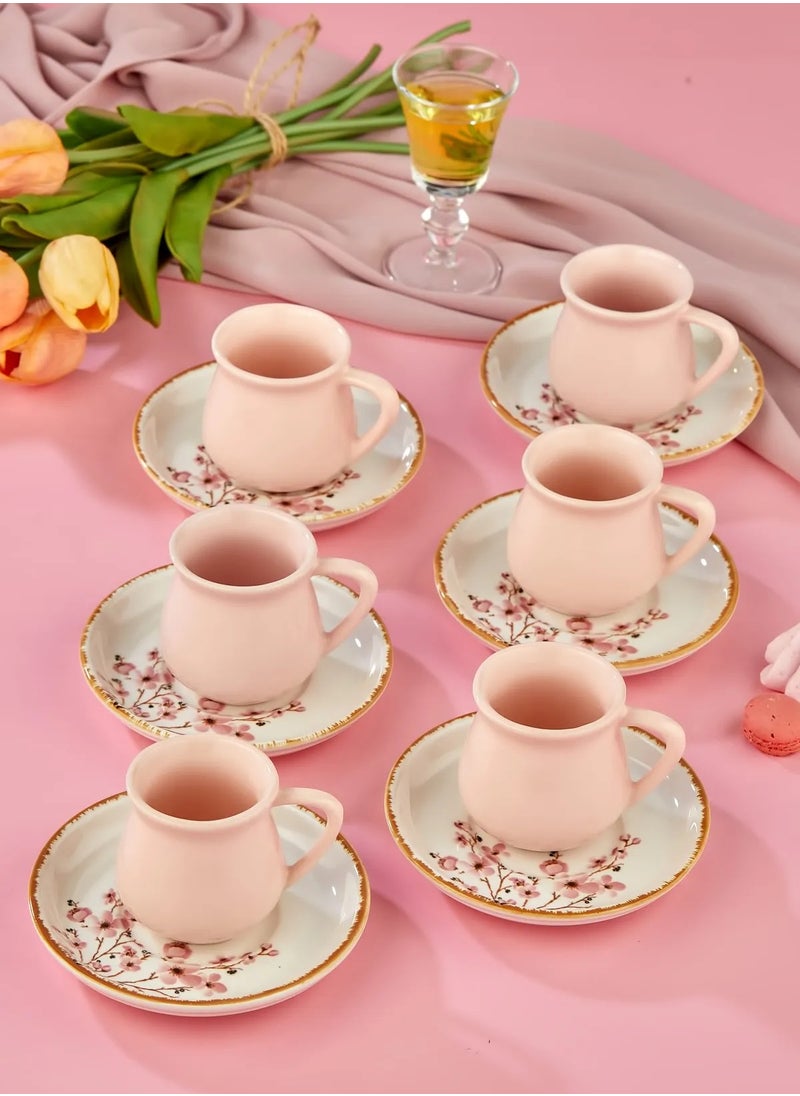 Sakura Blossom Pink 12-Piece Luxury Ceramic Coffee Cup Set – Turkish Coffee Cup Set