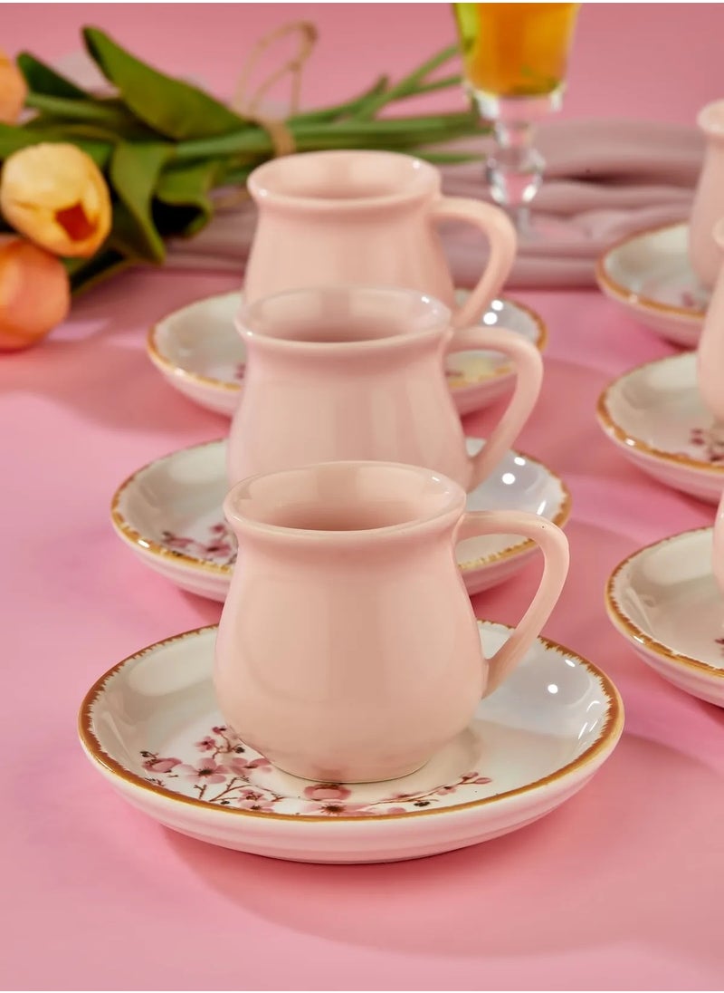 Sakura Blossom Pink 12-Piece Luxury Ceramic Coffee Cup Set – Turkish Coffee Cup Set