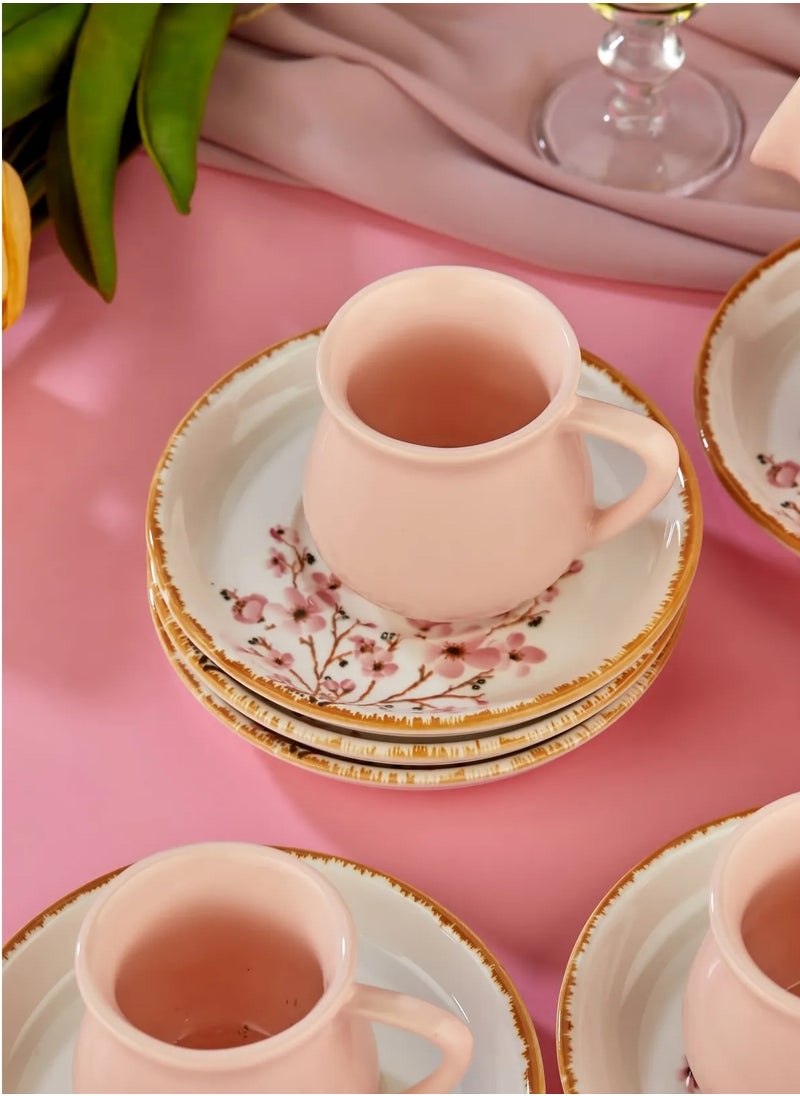 Sakura Blossom Pink 12-Piece Luxury Ceramic Coffee Cup Set – Turkish Coffee Cup Set