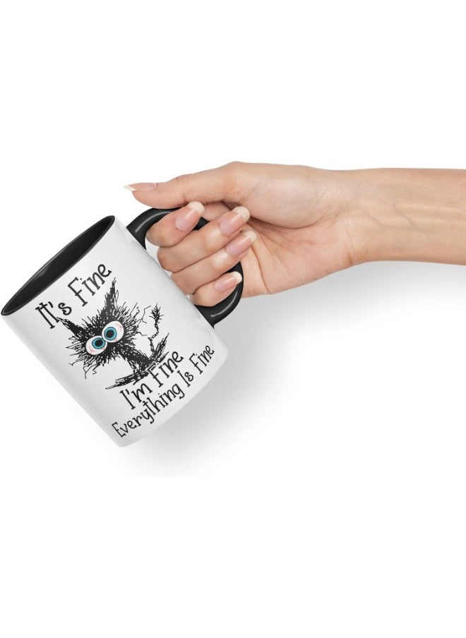 Its Fine I'm Fine Everything is fine Cat Joke Coloured Mug Cup Gift Birthday Work Office Tea Coffee (Black)