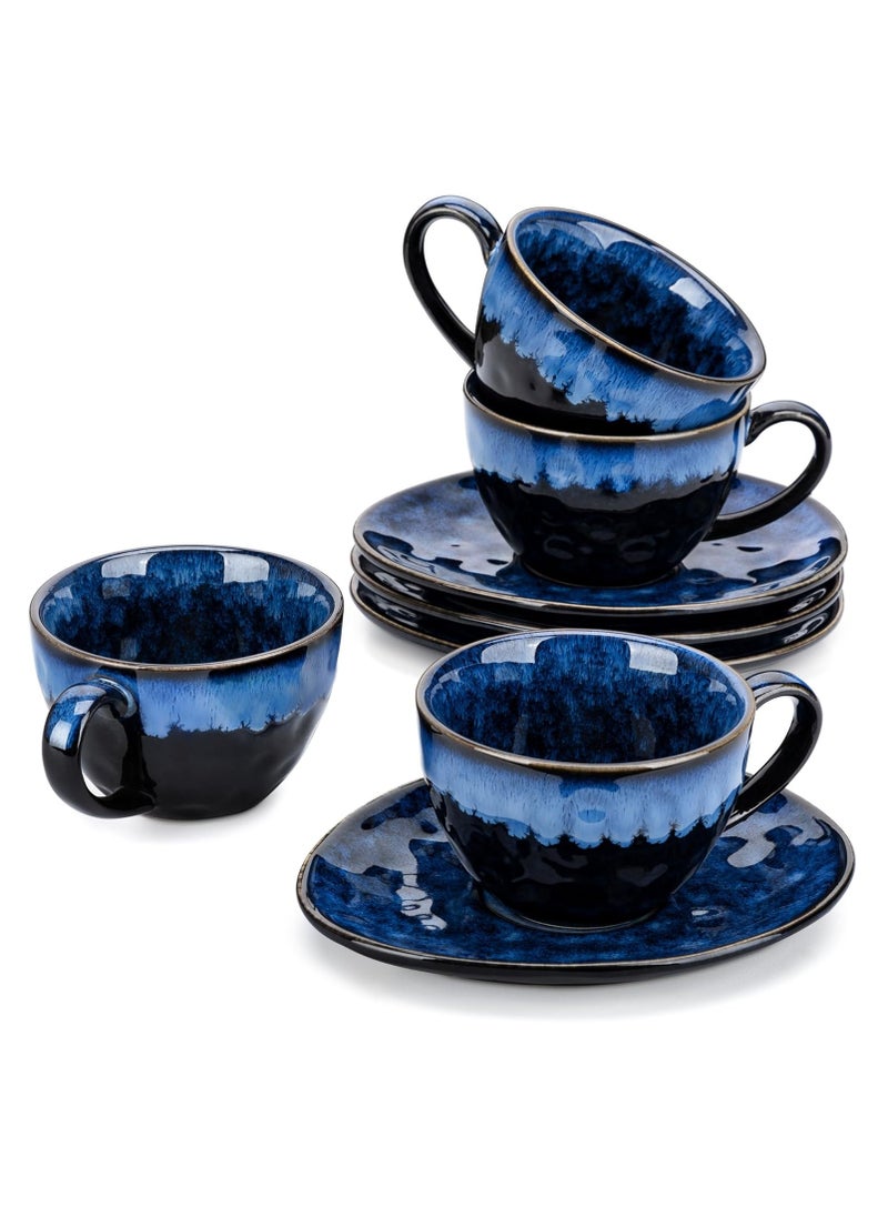 Starry Cup and Saucer Set, Ceramic Coffee Cup Set for 4, 270ml Afternoon Tea and Espresso Cups, Blue