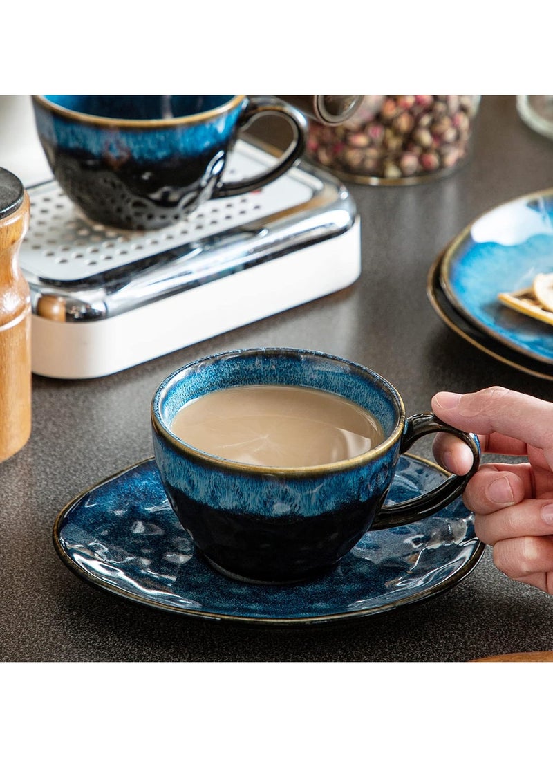 Starry Cup and Saucer Set, Ceramic Coffee Cup Set for 4, 270ml Afternoon Tea and Espresso Cups, Blue