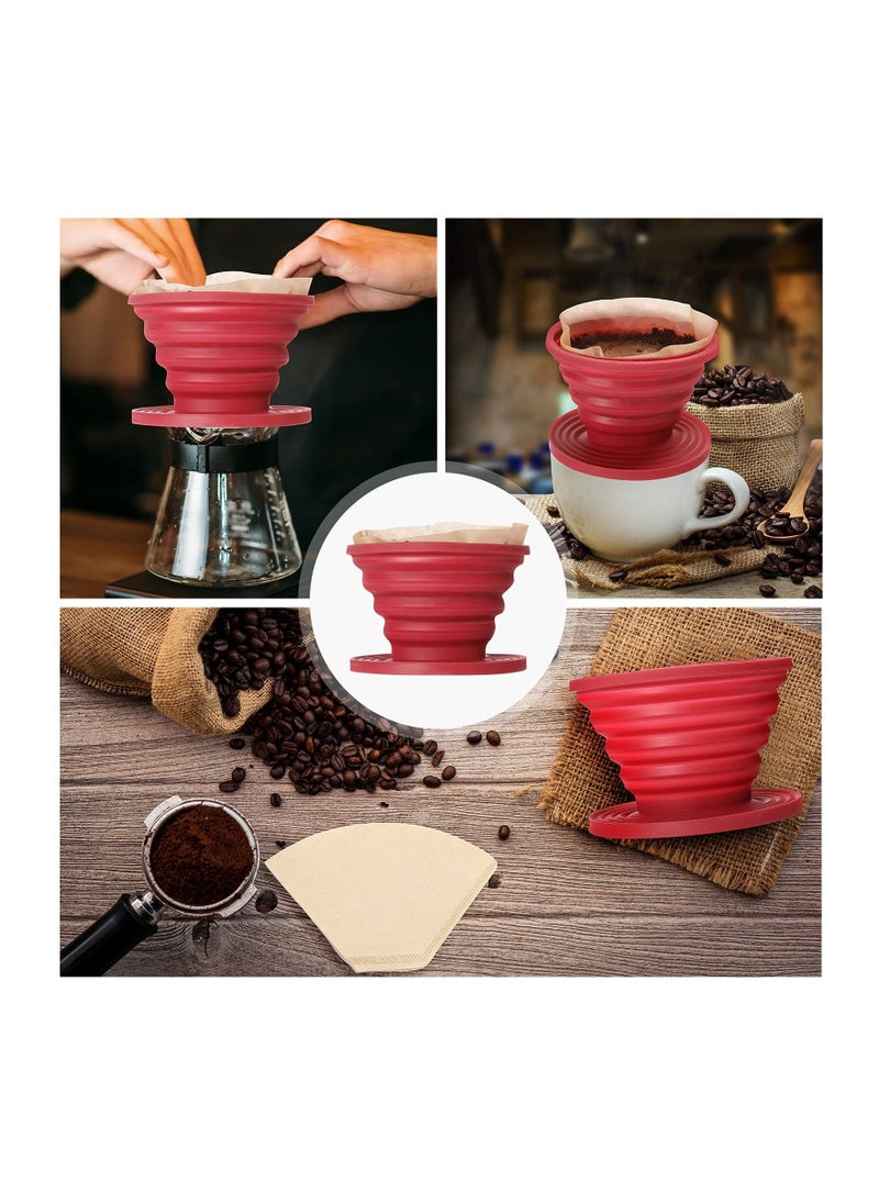 Collapsible Coffee Dripper, Easy Red Manual Coffee Brew Maker, with 40 PCS Unbleached Paper Filters Paper Coffee Filter, Reusable Silicone Coffee Dripper, for Hiking, Camping, Home, Office (2PCS)