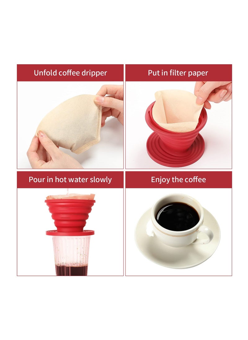 Collapsible Coffee Dripper, Easy Red Manual Coffee Brew Maker, with 40 PCS Unbleached Paper Filters Paper Coffee Filter, Reusable Silicone Coffee Dripper, for Hiking, Camping, Home, Office (2PCS)