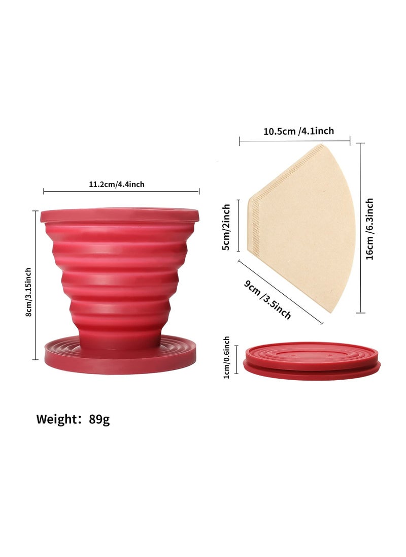 Collapsible Coffee Dripper, Easy Red Manual Coffee Brew Maker, with 40 PCS Unbleached Paper Filters Paper Coffee Filter, Reusable Silicone Coffee Dripper, for Hiking, Camping, Home, Office (2PCS)