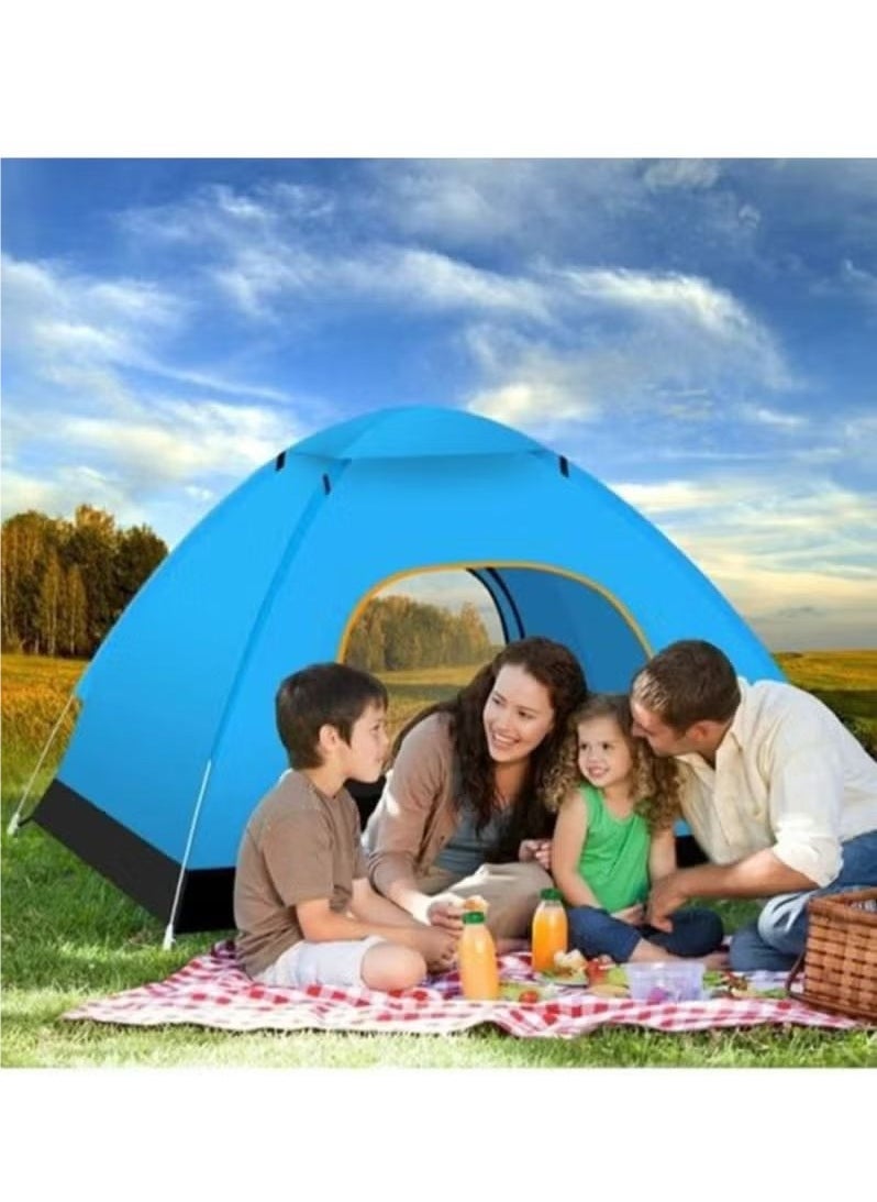 Portable outdoor camping tent, can accommodate 3-4 people, automatic pop-up family tent-blue