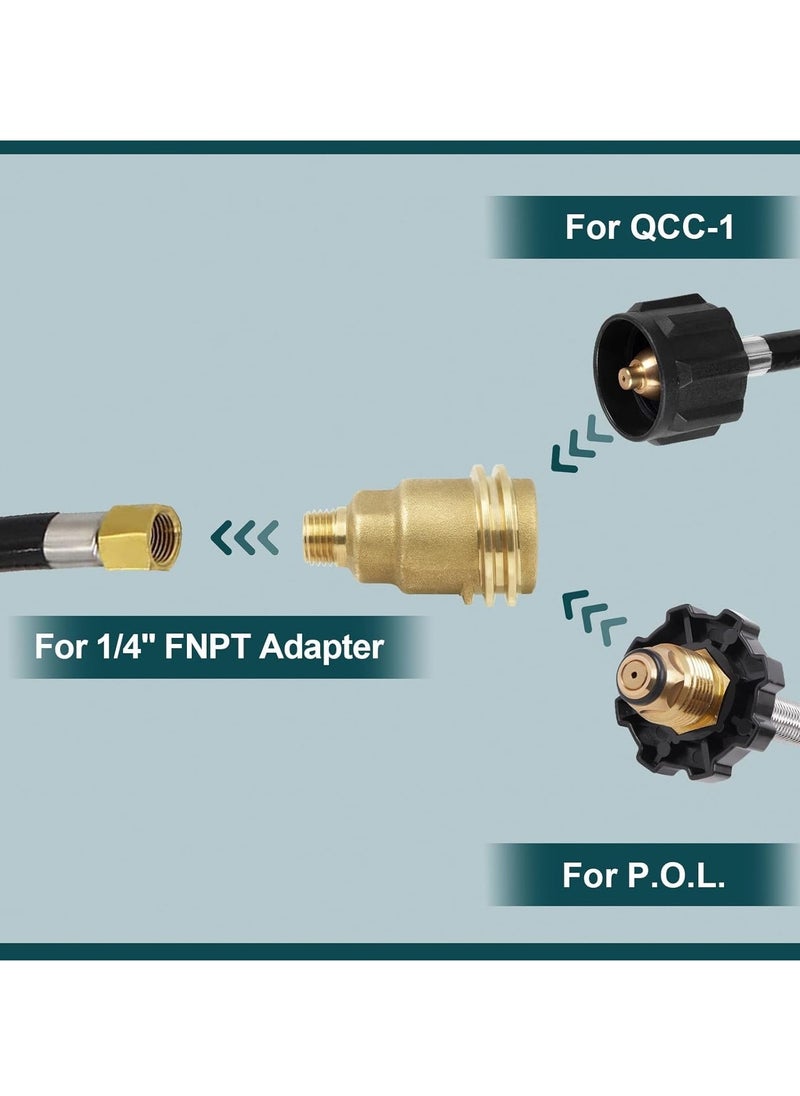 Propane Gas Fitting Adapter, QCC-1 and Female P.O.L. to 1/4'' Male Pipe Thread Converter - Solid Brass, for RV, Outdoor Cooking & Heating Appliances - Connects to Propane Tank or House Line